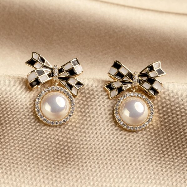 Checkered Bow Drop Earrings with Pearl